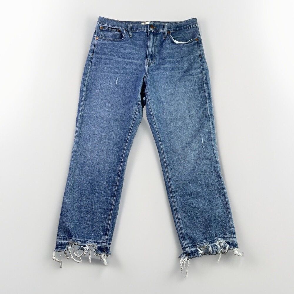 Madewell High Rise Slim Crop Boyjean Jeans Womens 31 Blue Distressed Raw Hem